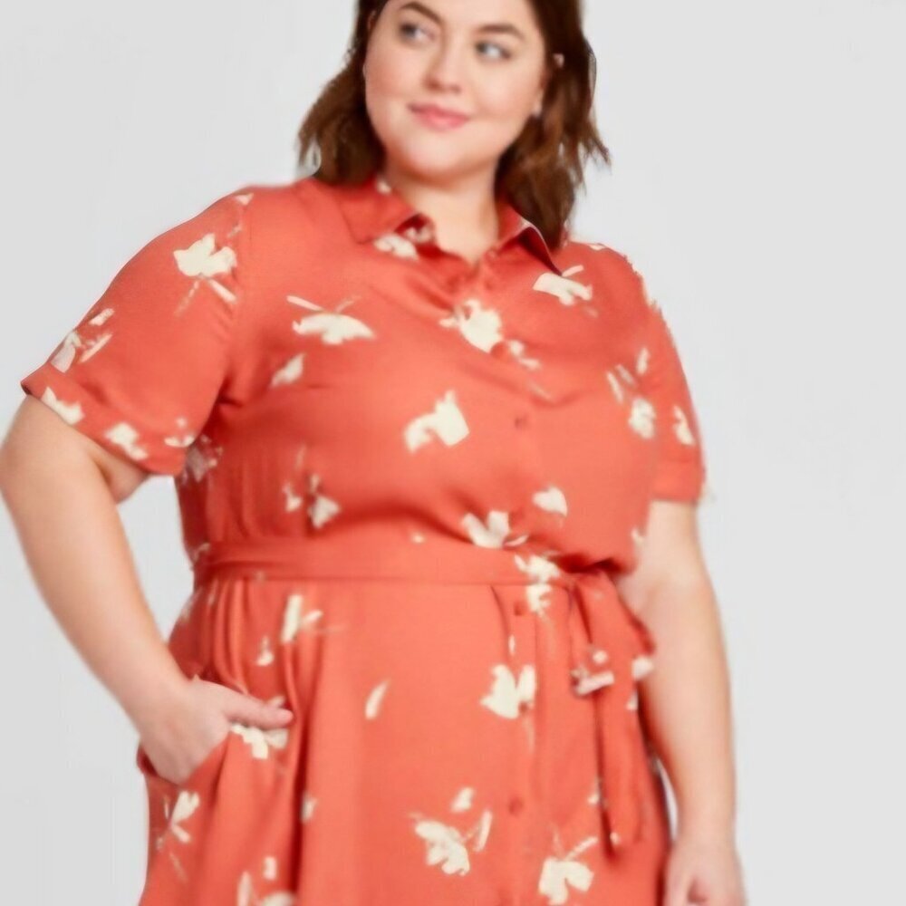 Ava & Viv burnt orange terracotta button down fall Floral Belt dress 1X